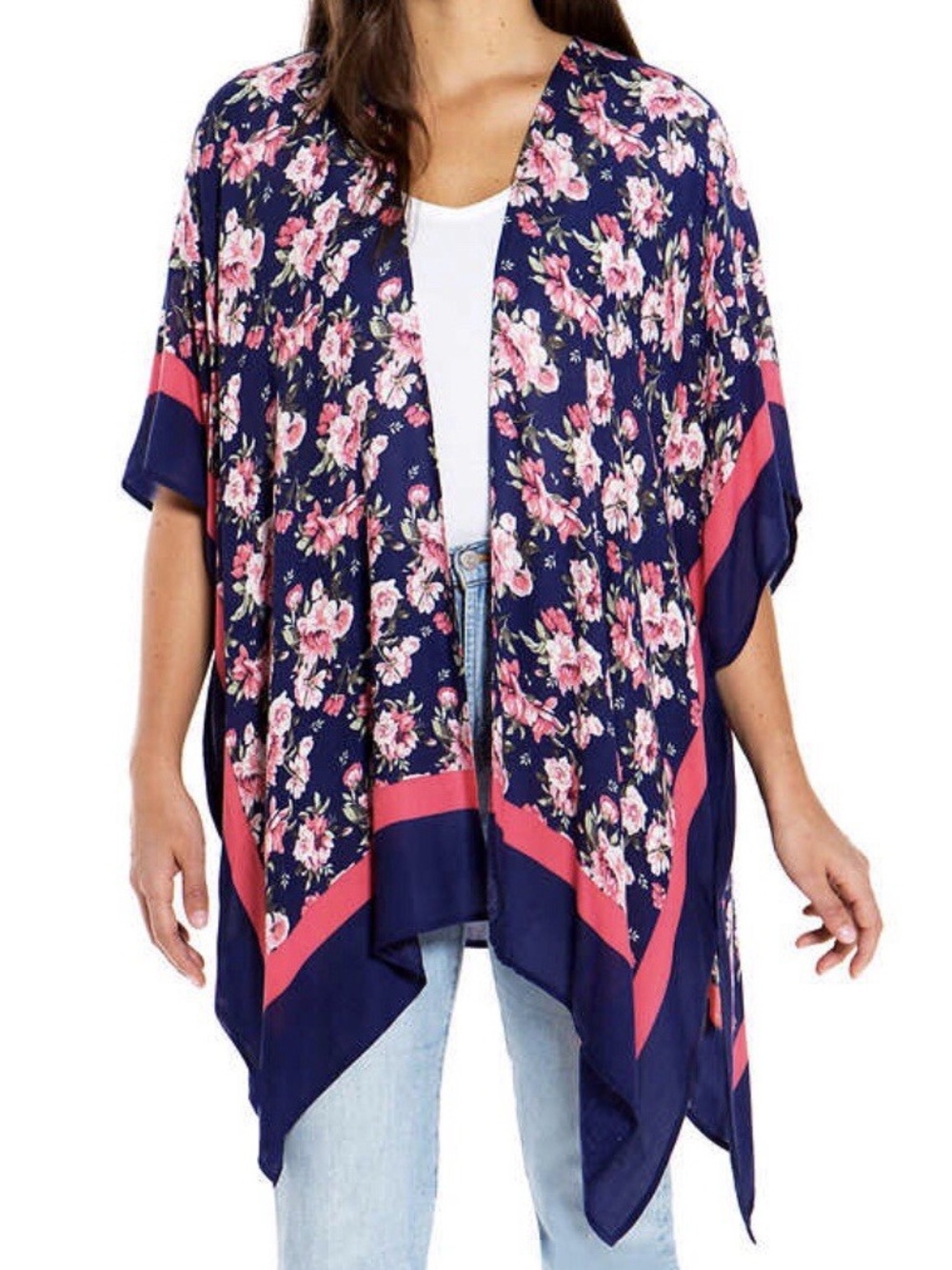 Mario Serrani Navy Floral Open-Front Kimono with Pink Accents